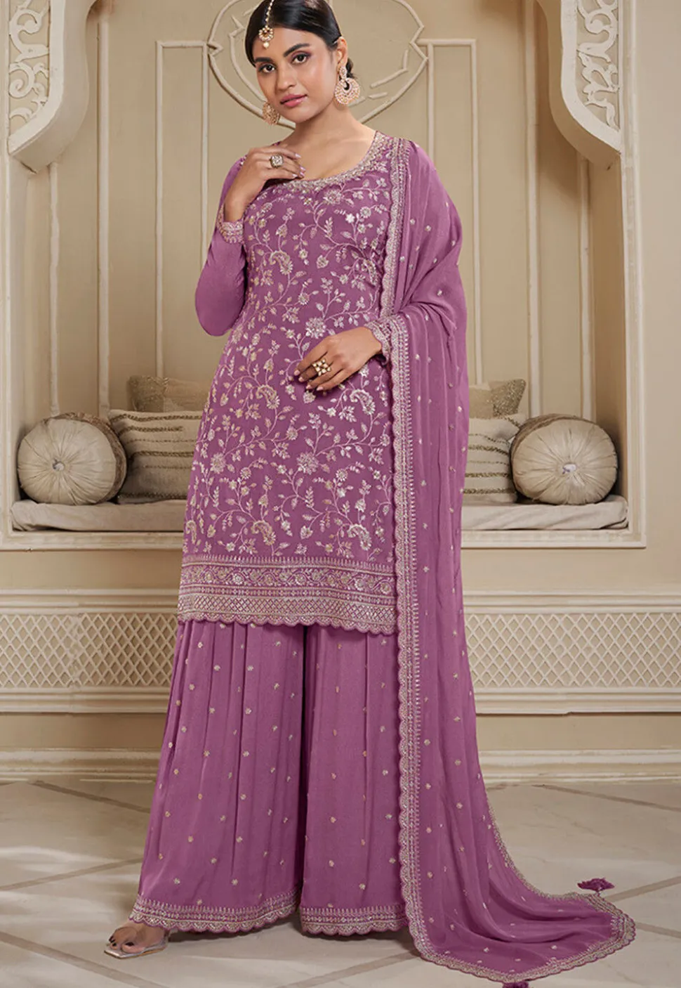 Embroidered Chinon Chiffon Pakistani Suit in Purple