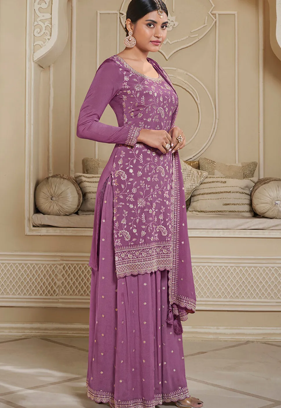 Embroidered Chinon Chiffon Pakistani Suit in Purple