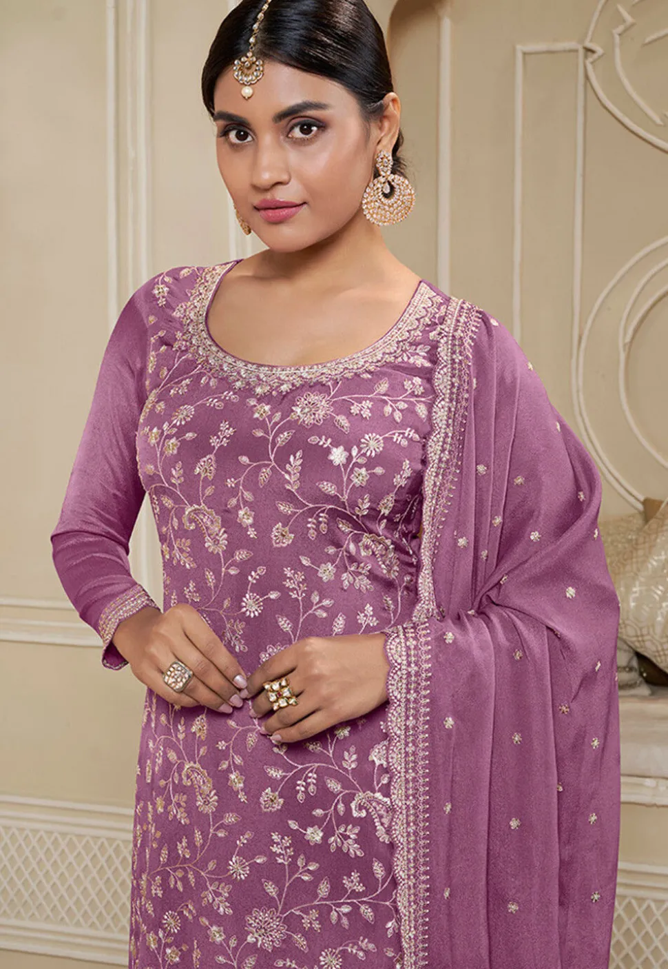 Embroidered Chinon Chiffon Pakistani Suit in Purple