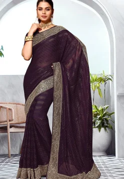 Embroidered Chinon Chiffon Saree in Dark Purple