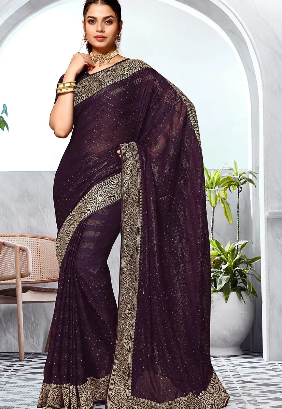 Embroidered Chinon Chiffon Saree in Dark Purple