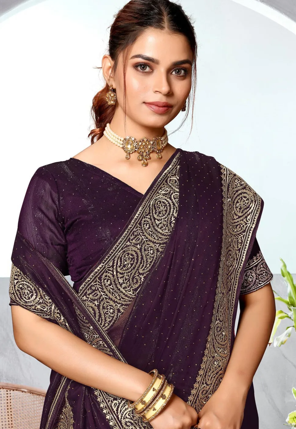 Embroidered Chinon Chiffon Saree in Dark Purple