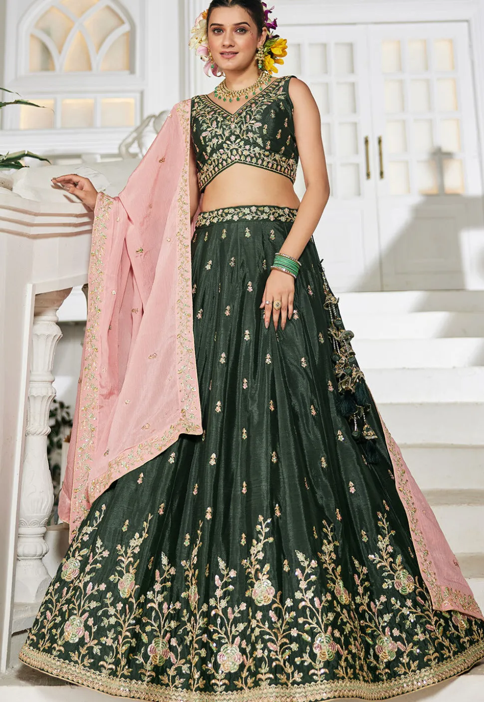 Embroidered Chinon Chiffon Lehenga in Green