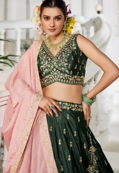 Embroidered Chinon Chiffon Lehenga in Green