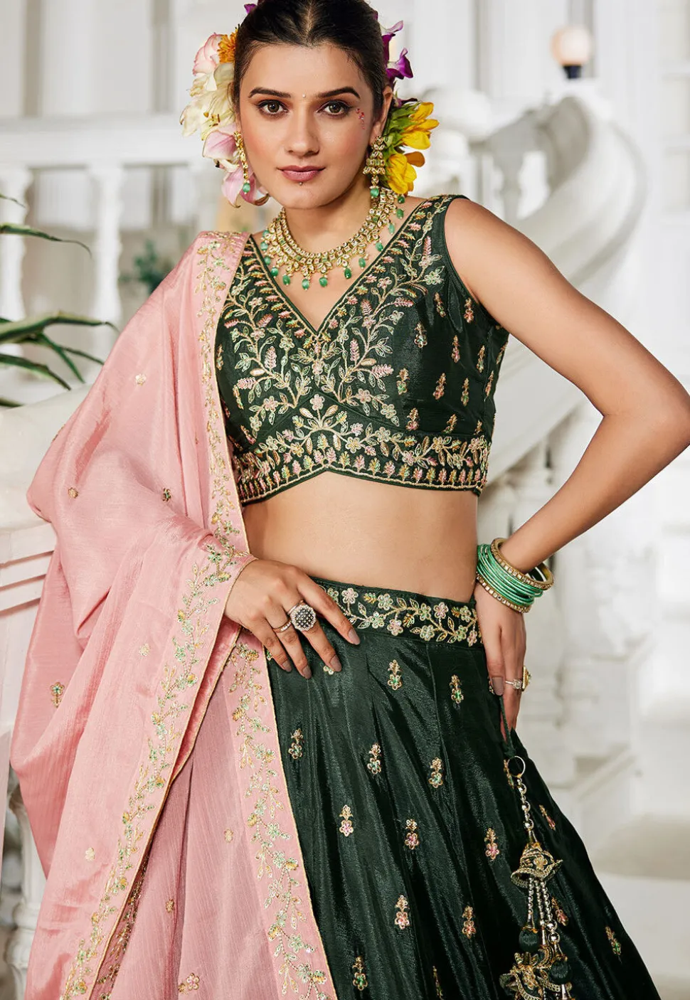 Embroidered Chinon Chiffon Lehenga in Green