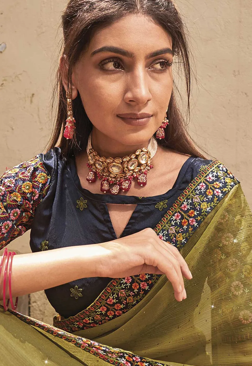 Embroidered Chinon Chiffon Saree in Olive Green