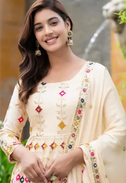 Embroidered Chinon Chiffon A Line Suit in Cream