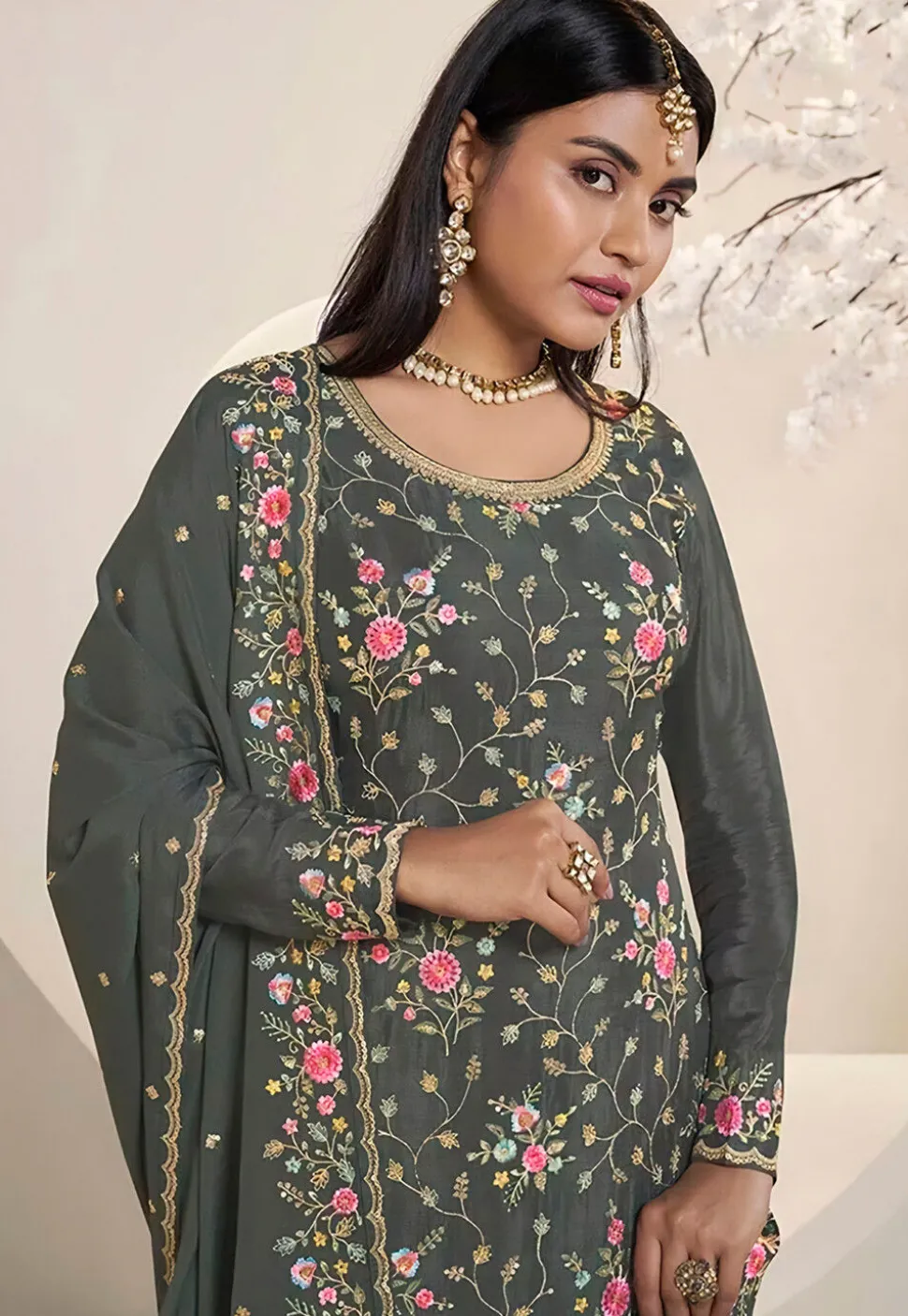 Embroidered Chinon Chiffon Pakistani Suit in Dusty Green