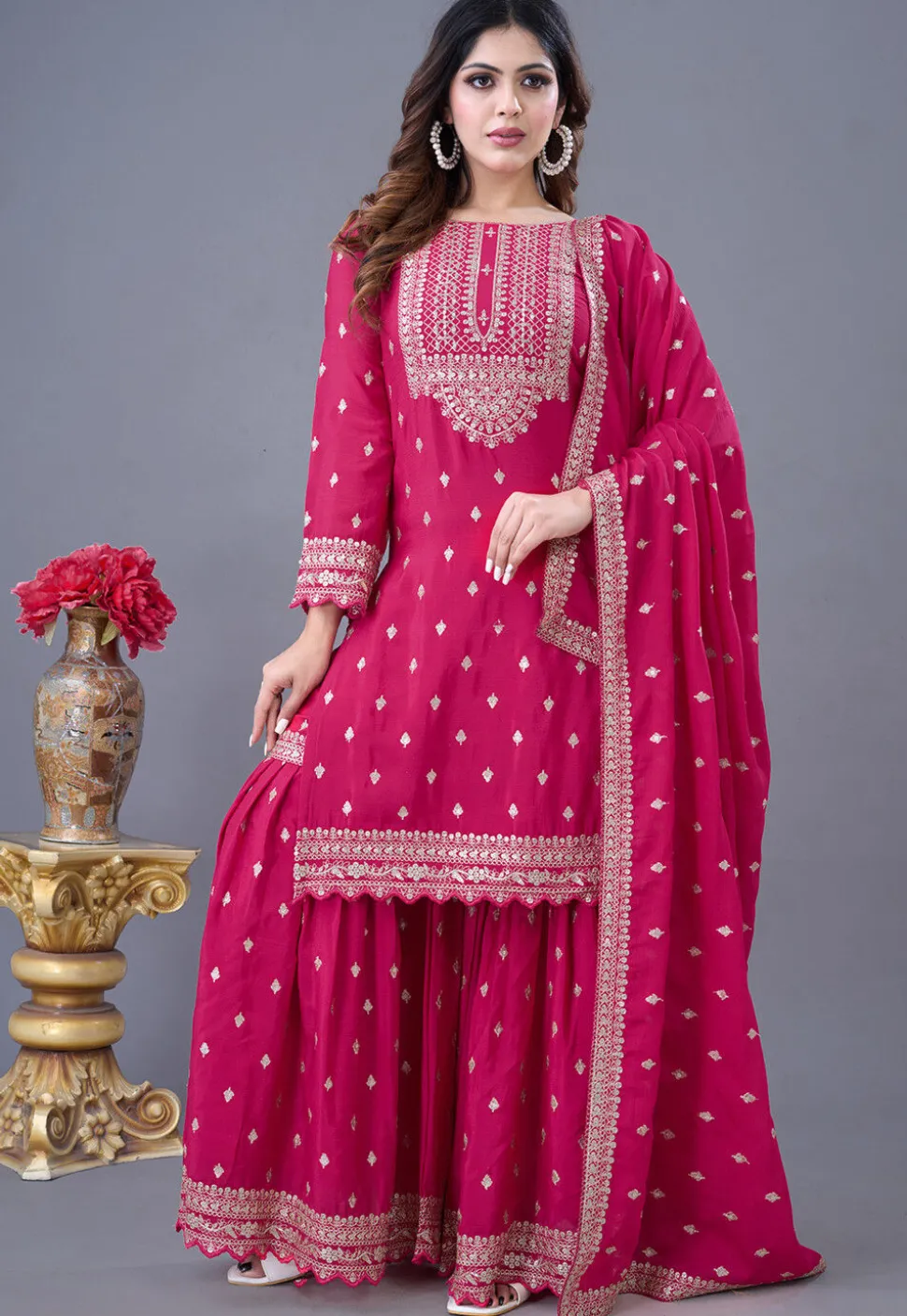 Embroidered Chinon Chiffon Scalloped Pakistani Suit in Fuchsia