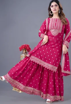 Embroidered Chinon Chiffon Scalloped Pakistani Suit in Fuchsia