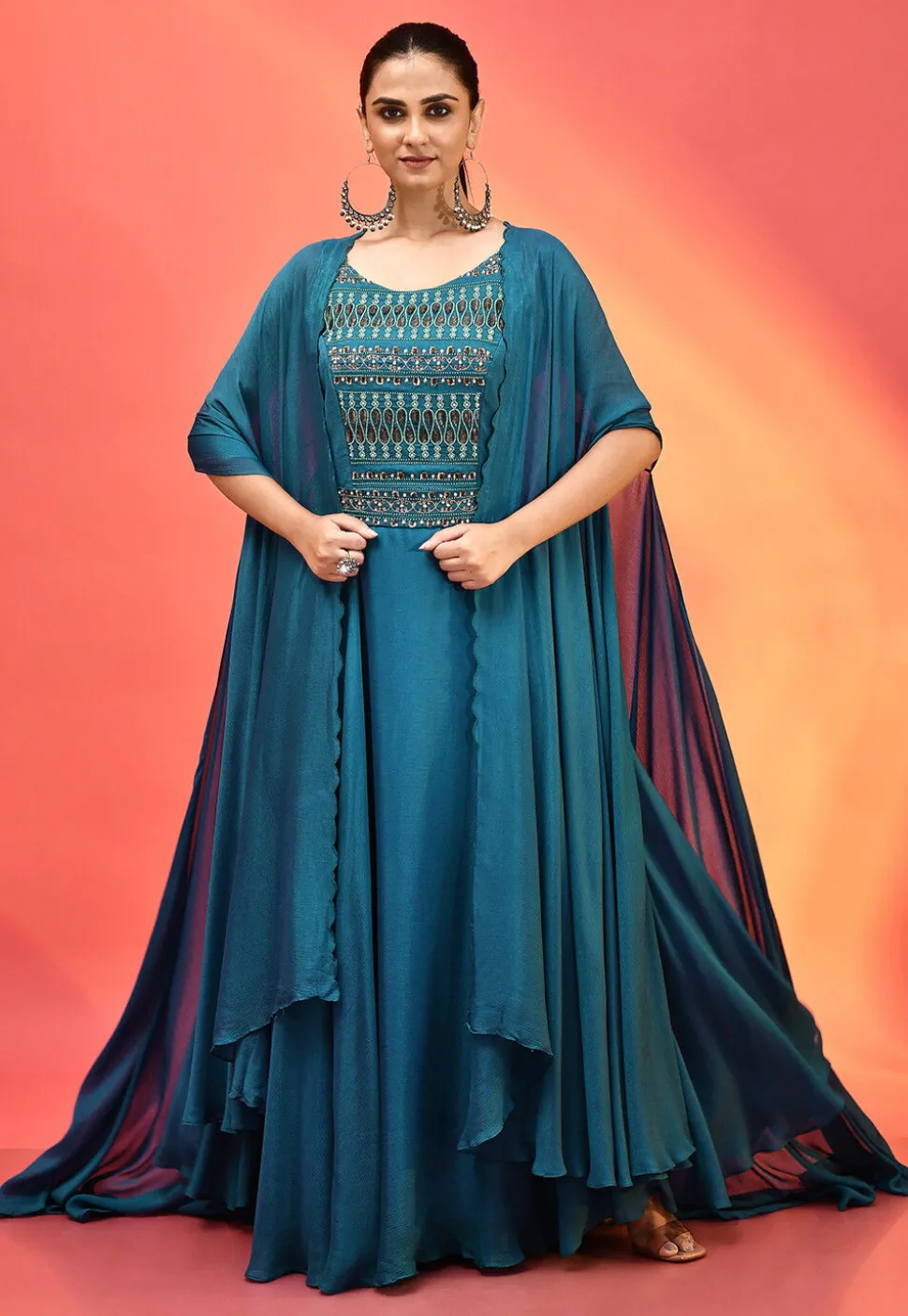 Embroidered Chinon Chiffon Gown in Teal Blue