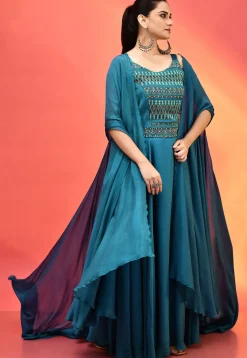 Embroidered Chinon Chiffon Gown in Teal Blue