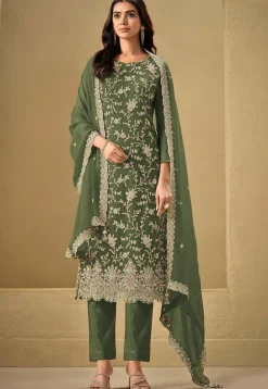 Embroidered Chinon Chiffon Scalloped Pakistani Suit in Green