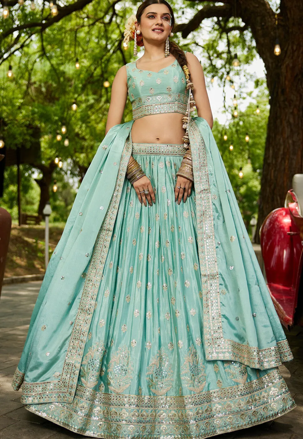 Embroidered Chinon Chiffon Lehenga in Sea Green