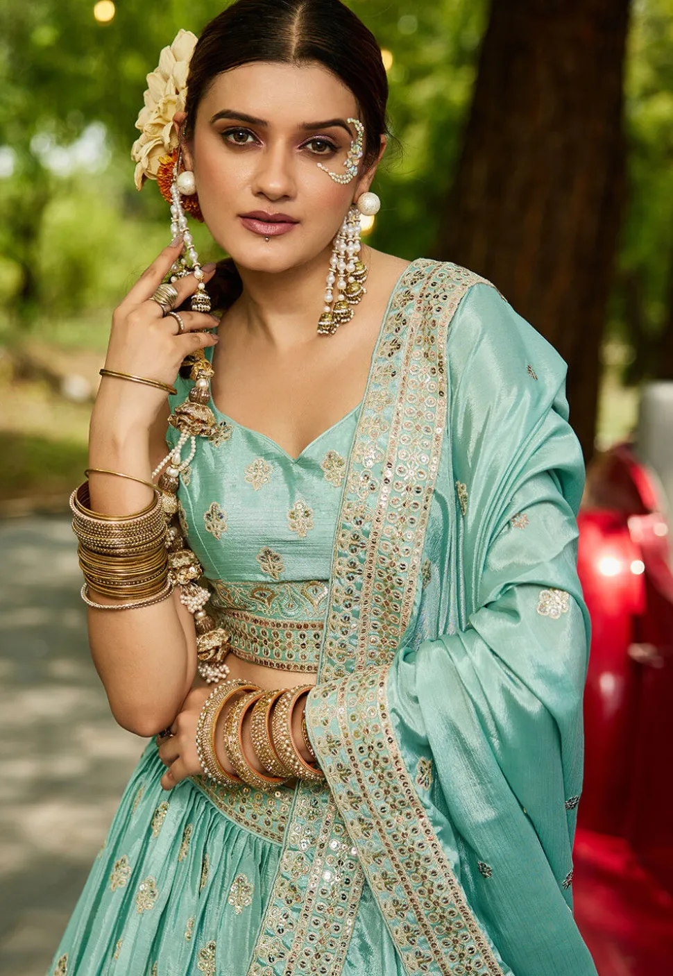 Embroidered Chinon Chiffon Lehenga in Sea Green