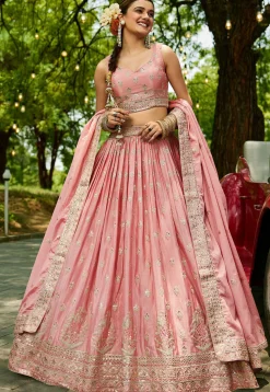 Embroidered Chinon Chiffon Lehenga in Pink