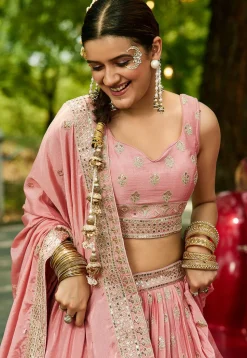 Embroidered Chinon Chiffon Lehenga in Pink