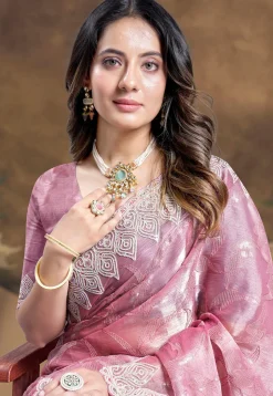 Embroidered Chinon Chiffon Scalloped Saree in Pink