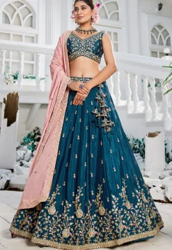 Embroidered Chinon Chiffon Lehenga in Teal Blue