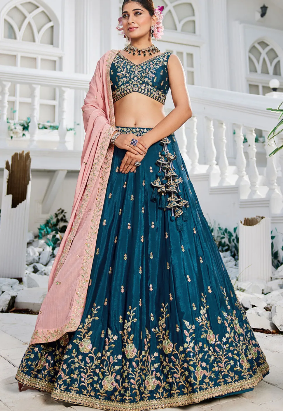 Embroidered Chinon Chiffon Lehenga in Teal Blue