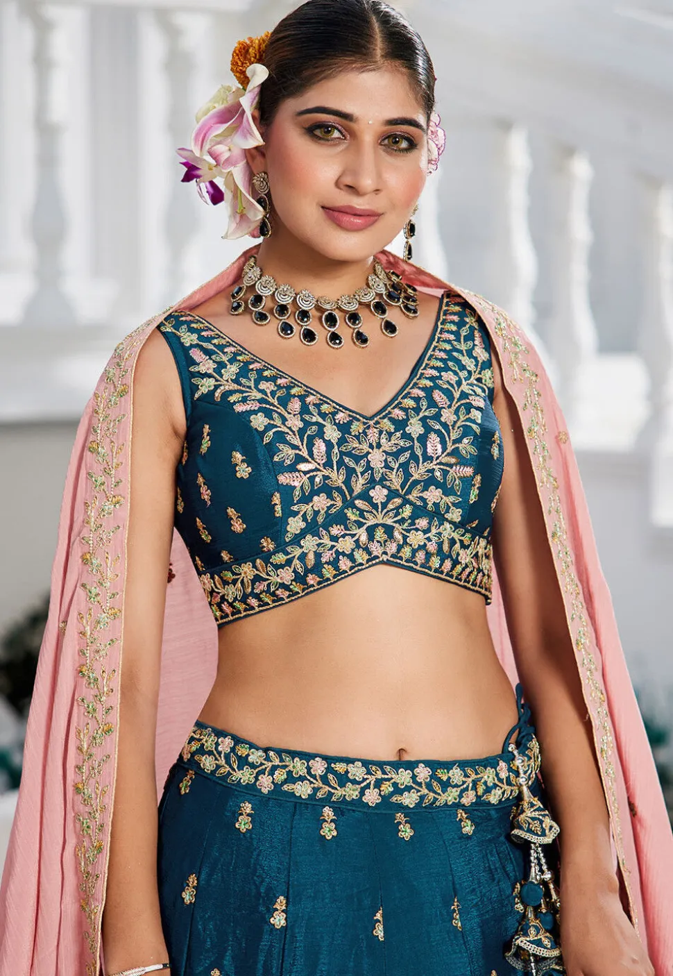 Embroidered Chinon Chiffon Lehenga in Teal Blue