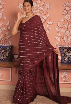 Embroidered Chinon Chiffon Saree in Wine