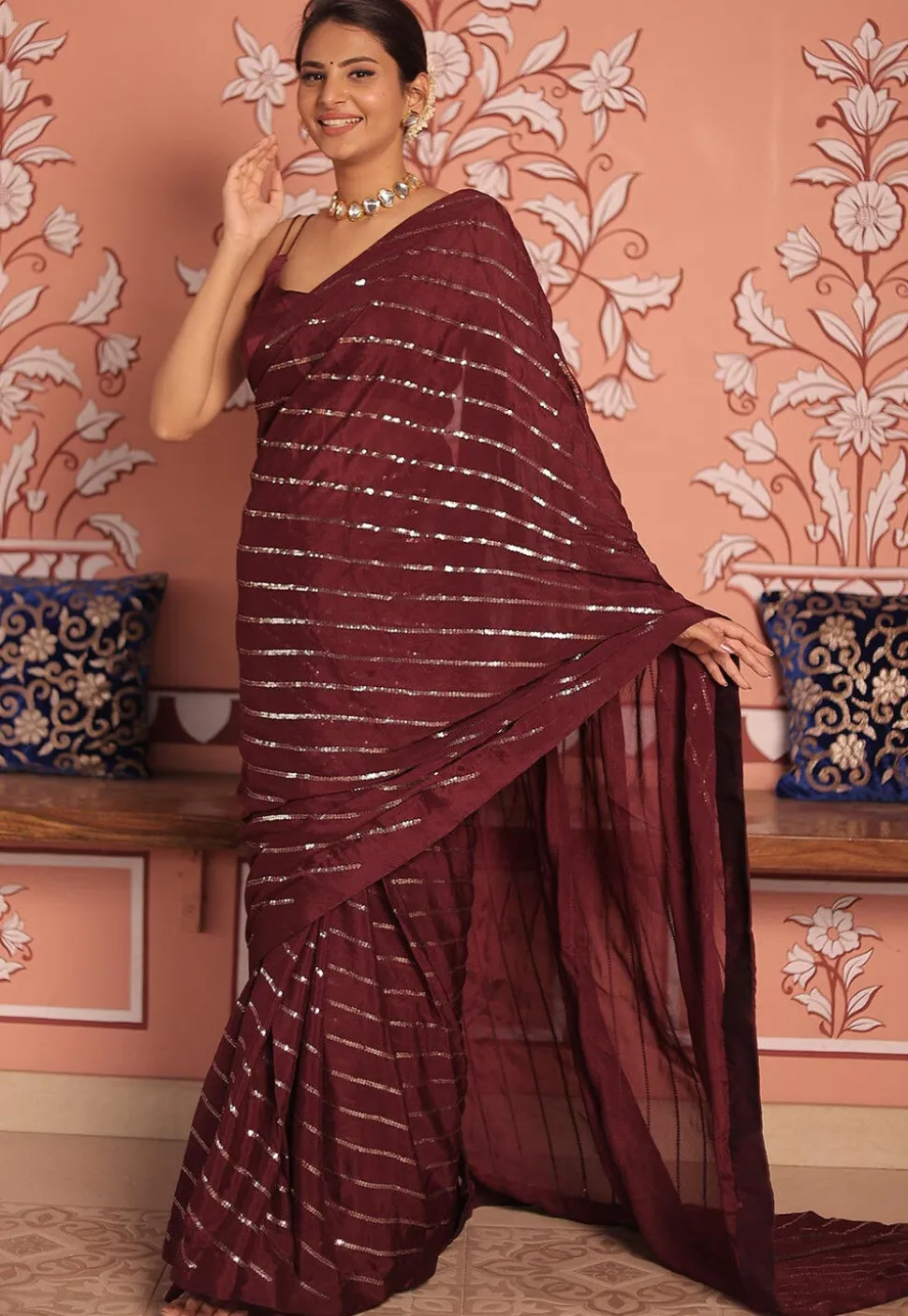 Embroidered Chinon Chiffon Saree in Wine