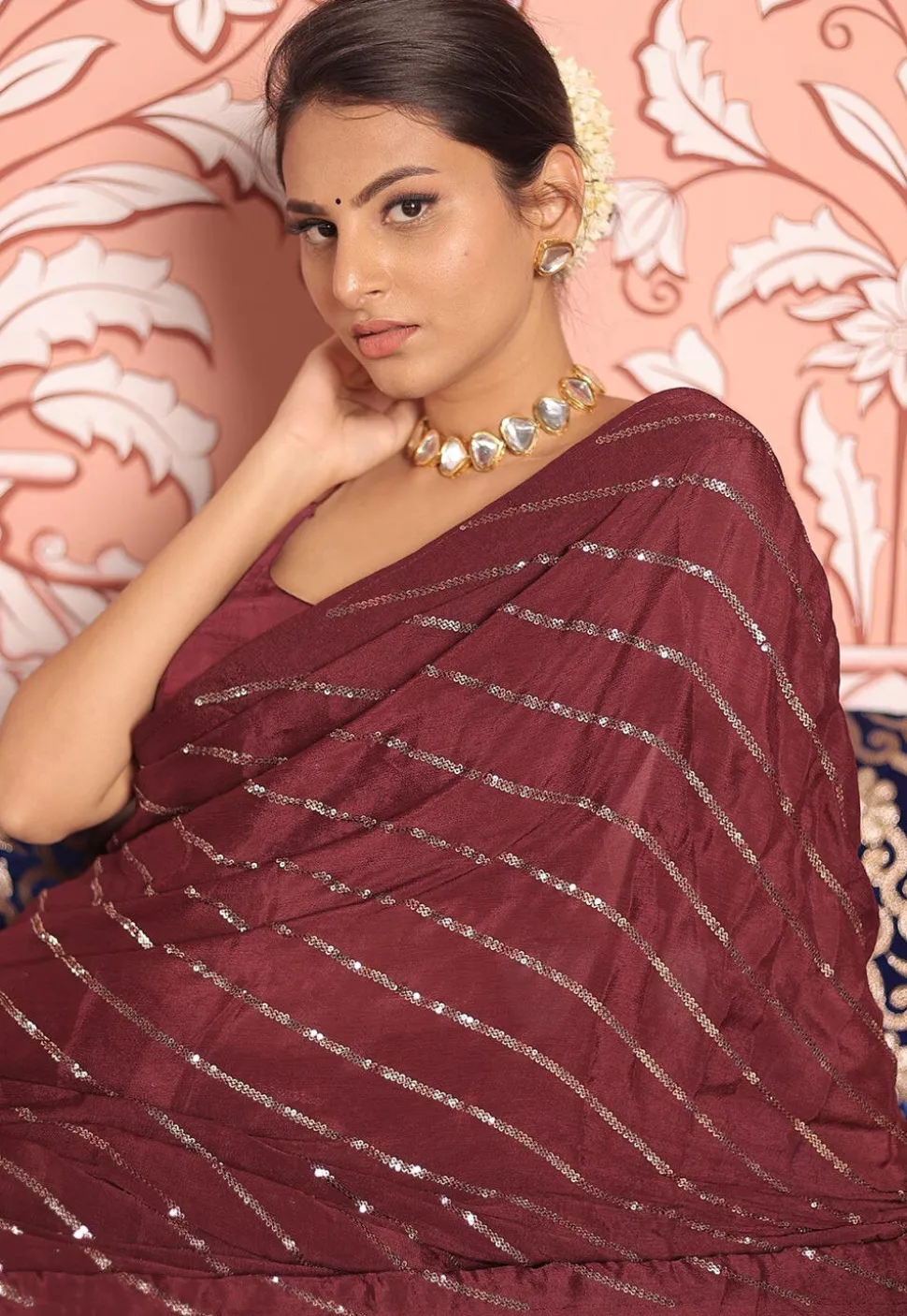 Embroidered Chinon Chiffon Saree in Wine