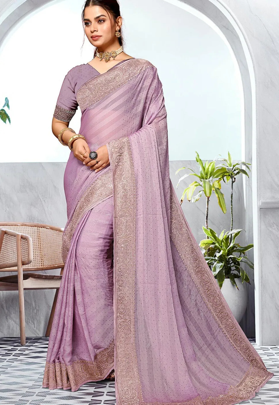 Embroidered Chinon Chiffon Saree in Light Purple