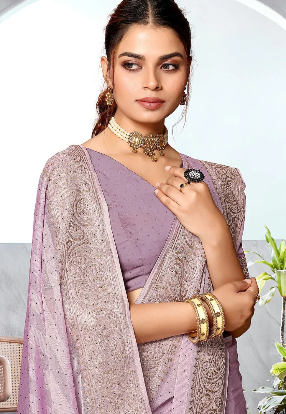Embroidered Chinon Chiffon Saree in Light Purple