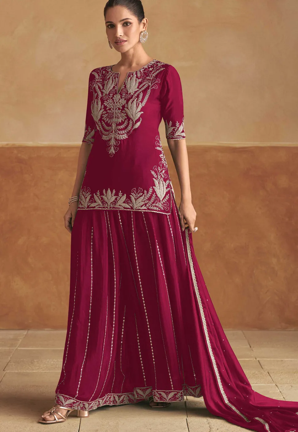 Embroidered Chinon Chiffon Kurti Set in Magenta