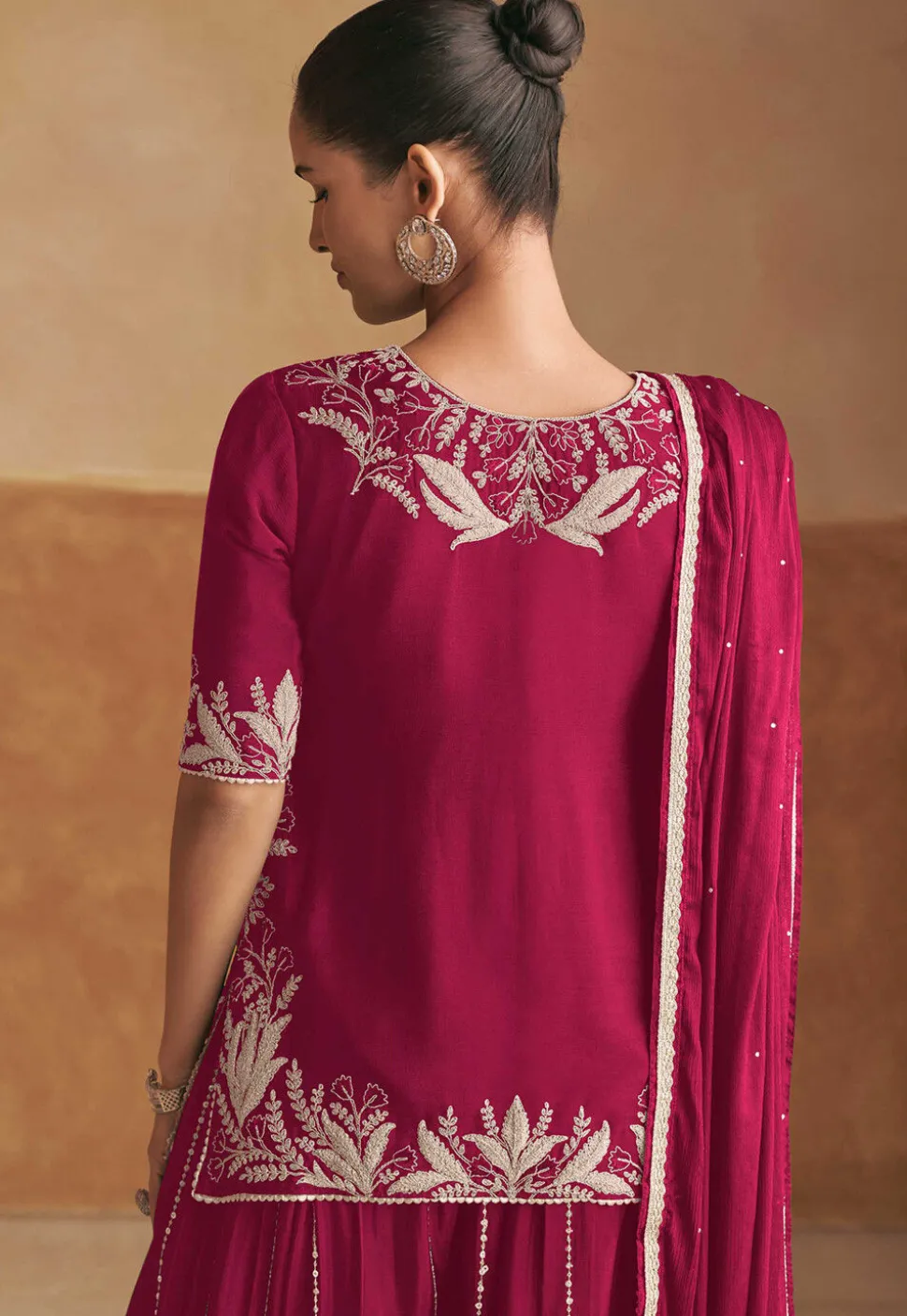 Embroidered Chinon Chiffon Kurti Set in Magenta