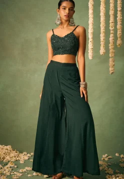 Embroidered Chinon Chiffon Crop Top Set in Dark Green