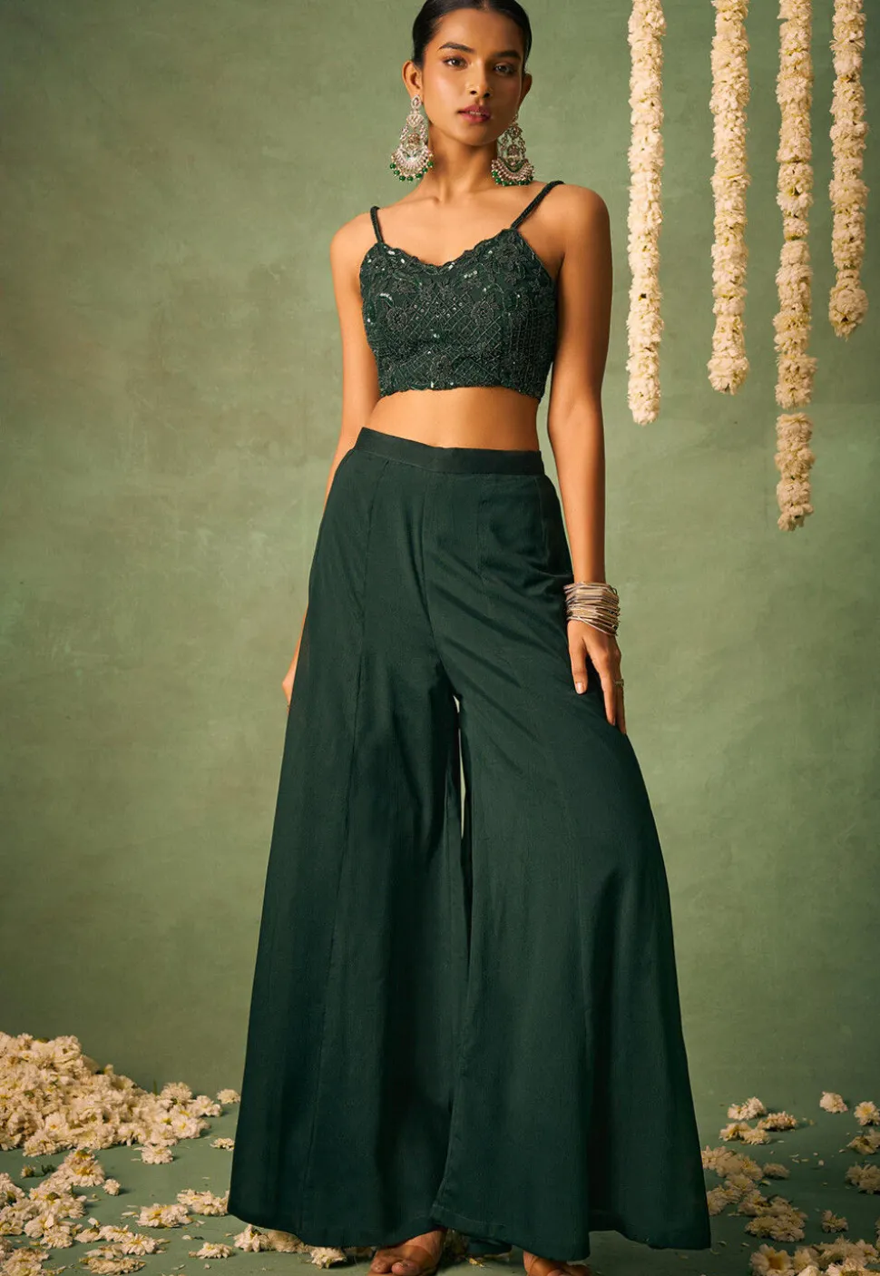 Embroidered Chinon Chiffon Crop Top Set in Dark Green