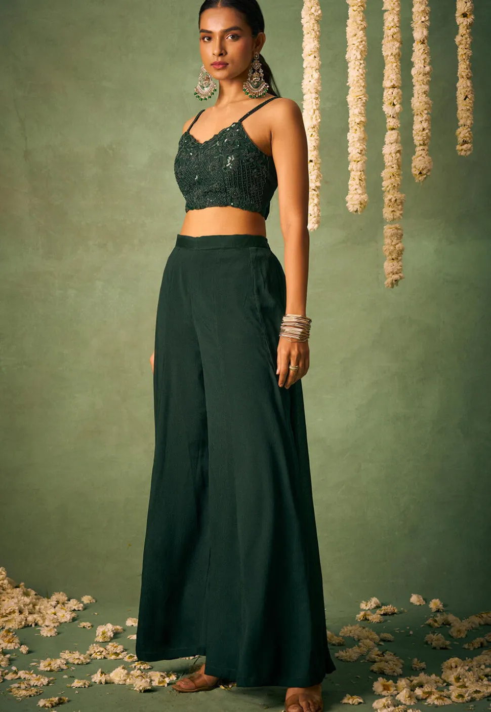 Embroidered Chinon Chiffon Crop Top Set in Dark Green