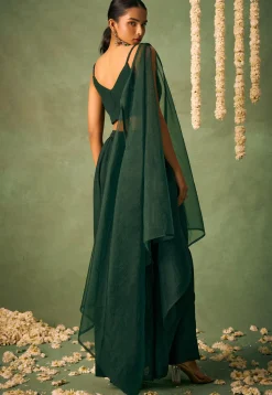Embroidered Chinon Chiffon Crop Top Set in Dark Green