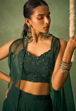 Embroidered Chinon Chiffon Crop Top Set in Dark Green