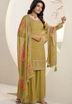 Embroidered Chinon Chiffon Pakistani Suit in Mustard