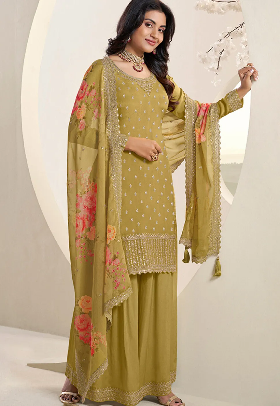 Embroidered Chinon Chiffon Pakistani Suit in Mustard