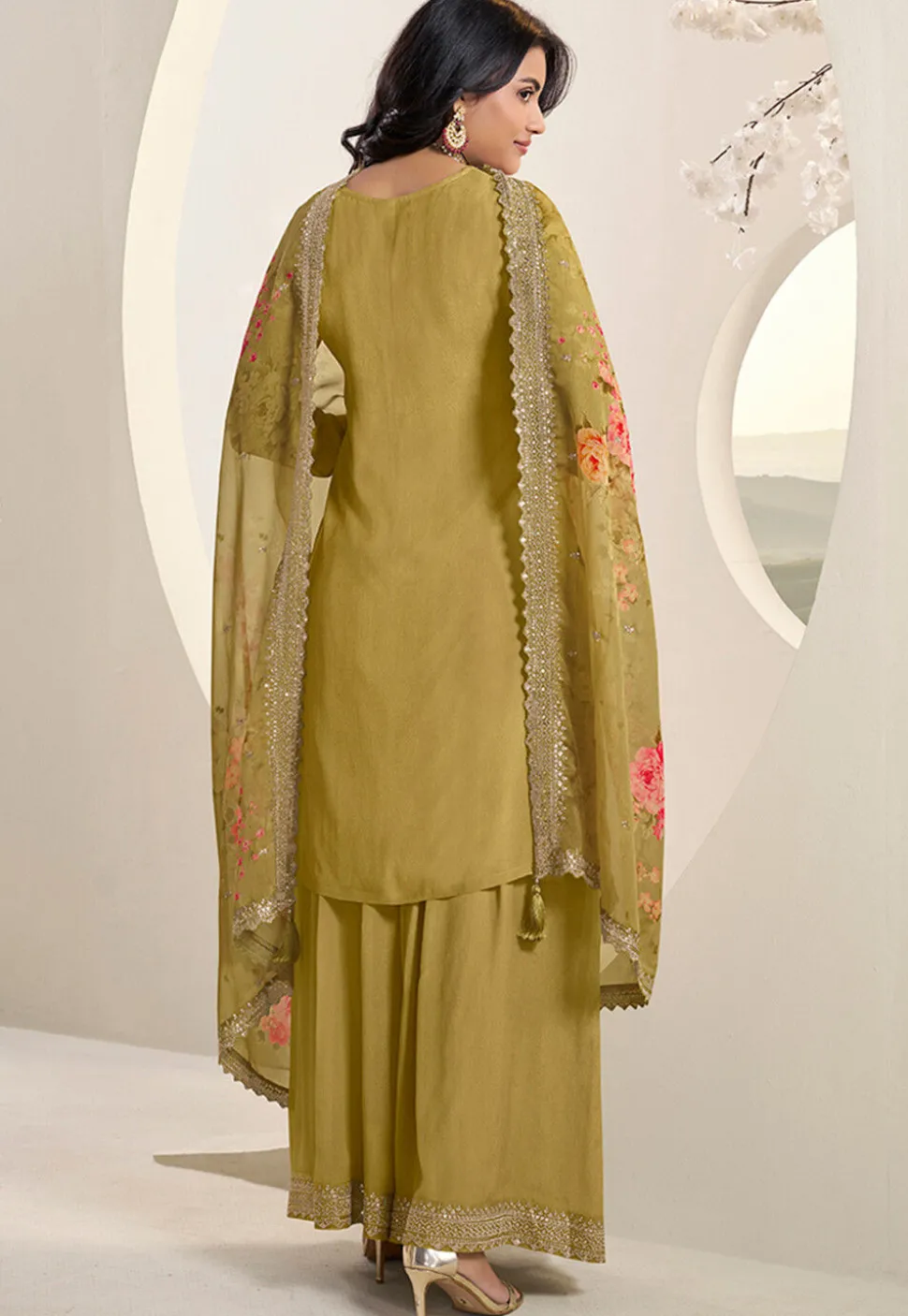 Embroidered Chinon Chiffon Pakistani Suit in Mustard