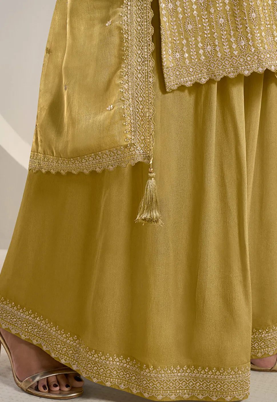 Embroidered Chinon Chiffon Pakistani Suit in Mustard