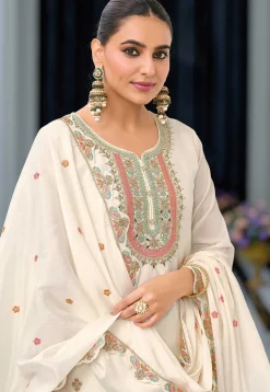 Embroidered Chinon Chiffon Pakistani Suit in Off White