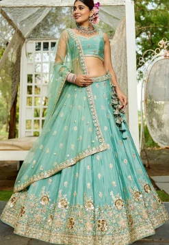 Embroidered Chinon Chiffon Lehenga in Sea Green
