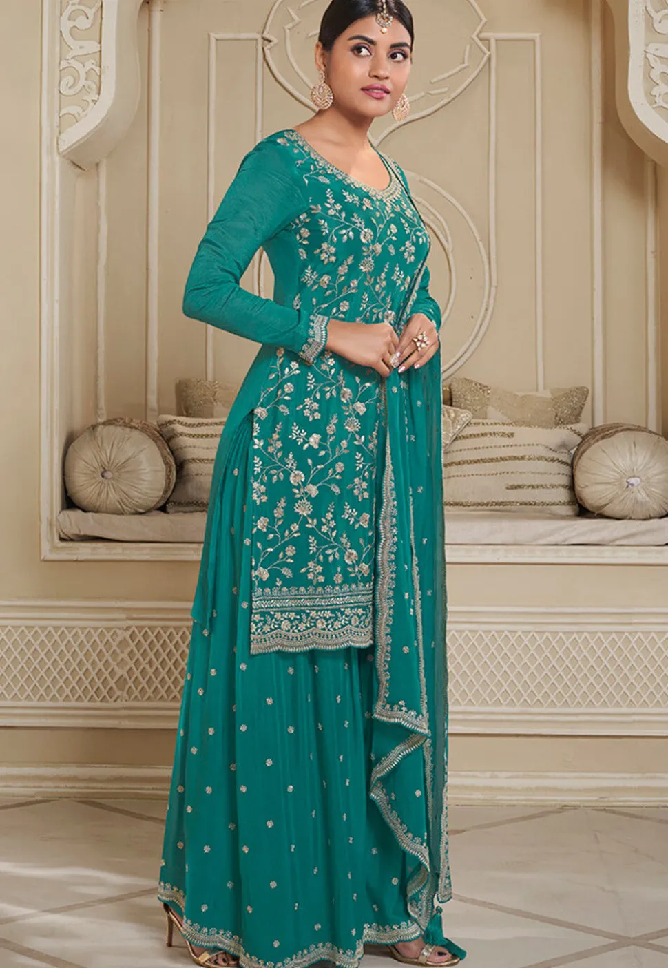 Embroidered Chinon Chiffon Pakistani Suit in Teal Green