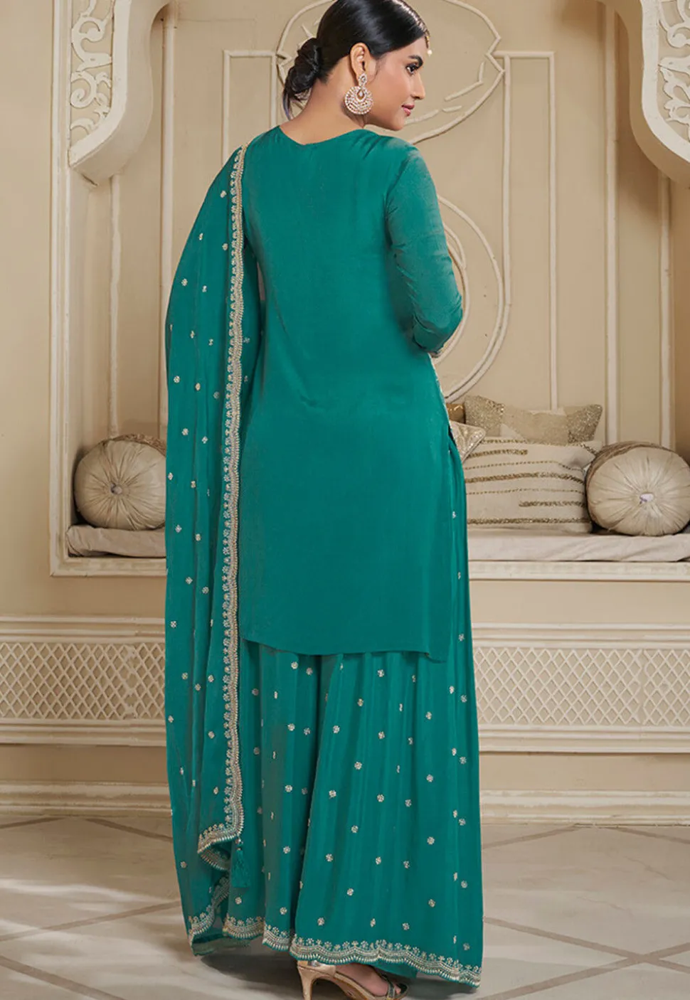 Embroidered Chinon Chiffon Pakistani Suit in Teal Green