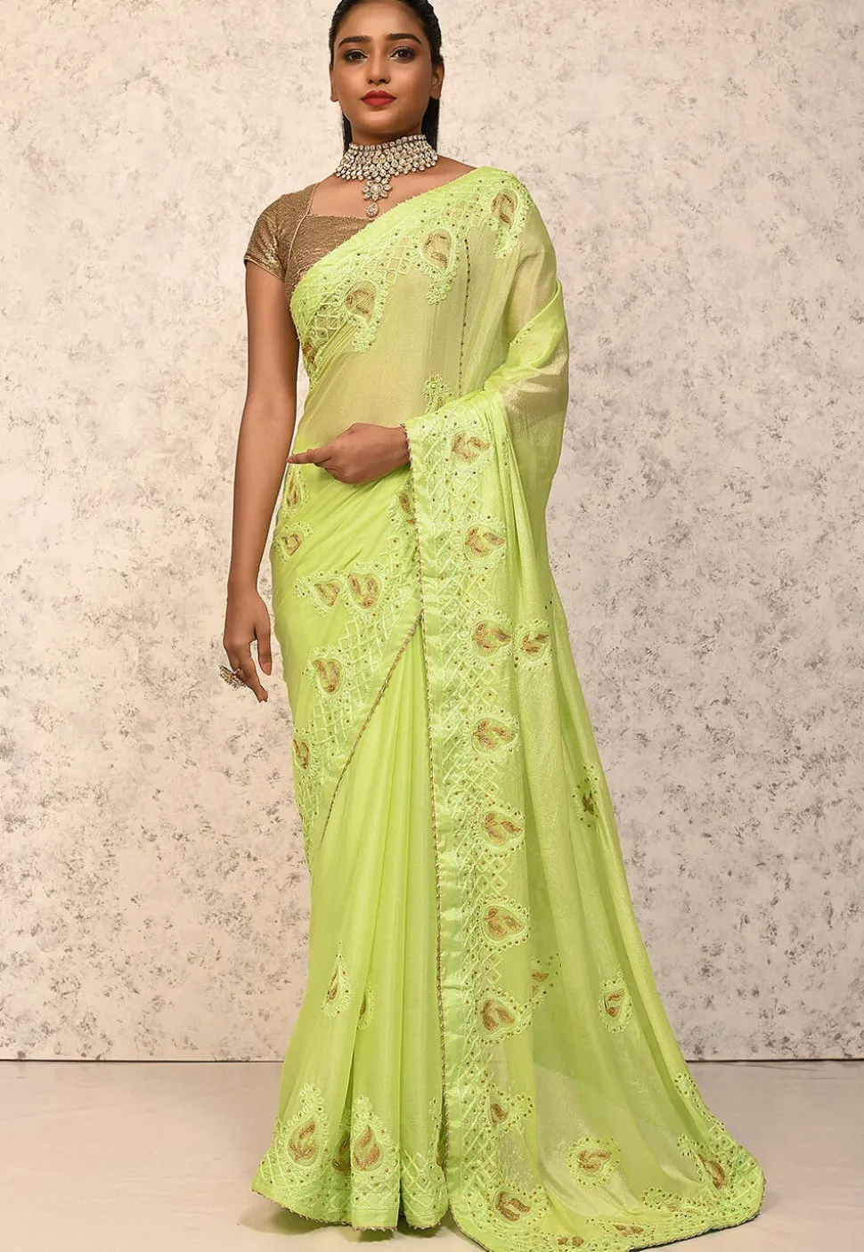 Embroidered Chinon Chiffon Saree in Neon Green
