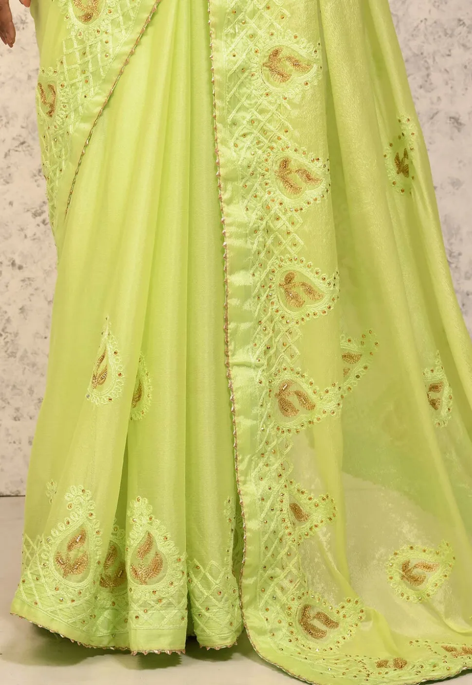 Embroidered Chinon Chiffon Saree in Neon Green