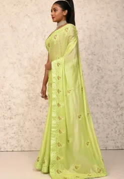Embroidered Chinon Chiffon Saree in Neon Green