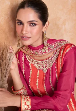 Embroidered Chinon Chiffon Pakistani Suit in Orange and Pink