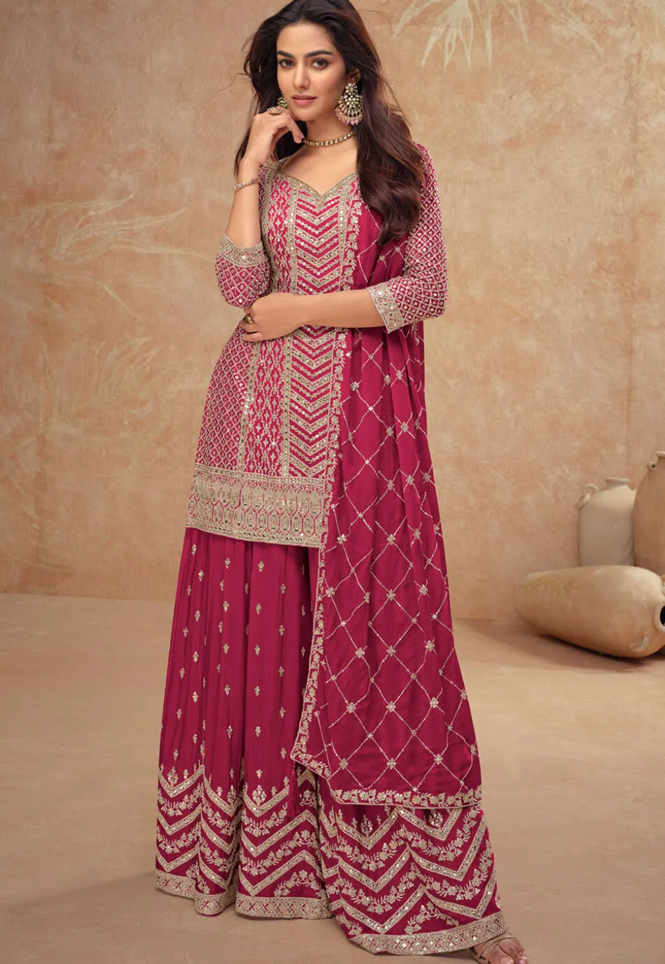 Embroidered Chinon Chiffon Pakistani Suit in Pink